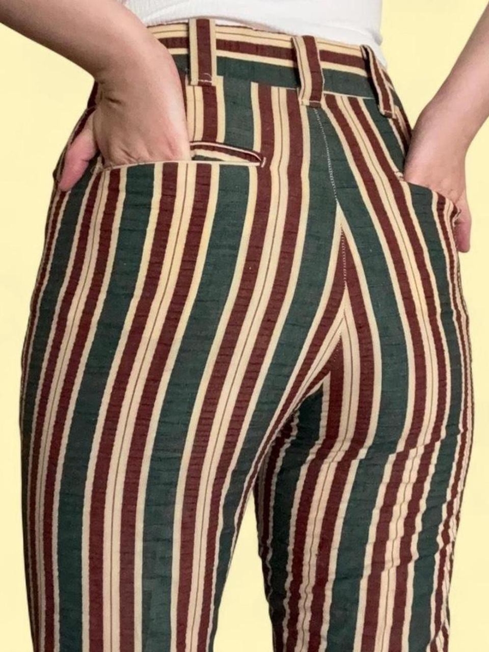 Retro, Vertical Stripe Skinny Pants in Green, Burgundy & Cream